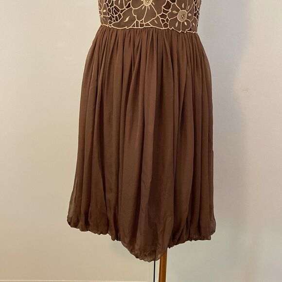 Vintage 00's Laundry by Design Brown Bubble Hem Ruched Silk Dress Size 4 - Picture 4 of 14